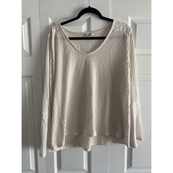 Lucky Brand Women's XL Ivory Waffle Knit Bell Sleeve Top Boho Lightweight Casual - Picture 1 of 7